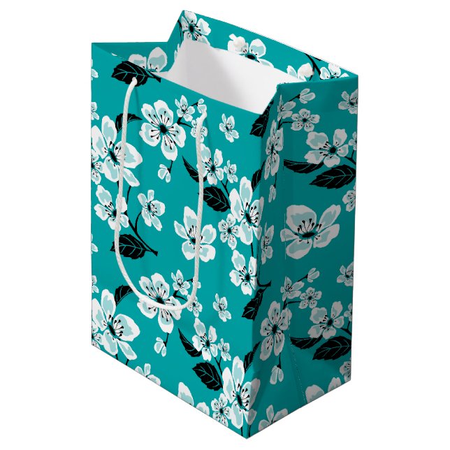 SAC CADEAU MOYEN FLEUR DE CERISIER - SAKURA (BLEU SARCELLE) (Devant Angle)