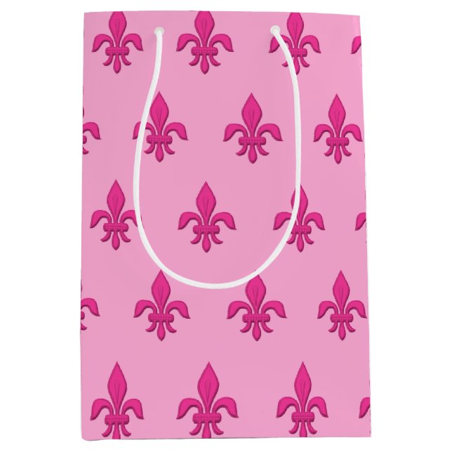 Sac Cadeau Moyen Fleur de Lis à Fuchsia rose sur rose clair (Devant)