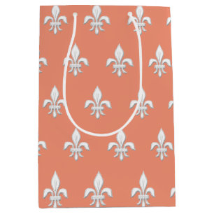 Sac Cadeau Moyen Fleur de Lis en blanc sur Coral clair rose / Pêche