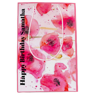 Sac Cadeau Moyen Fleur de pavot rose rouge aquarelle anniversaire d