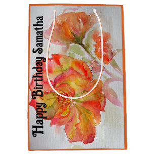 Sac Cadeau Moyen Fleur de rose rouge orange Anniversaire de femme a
