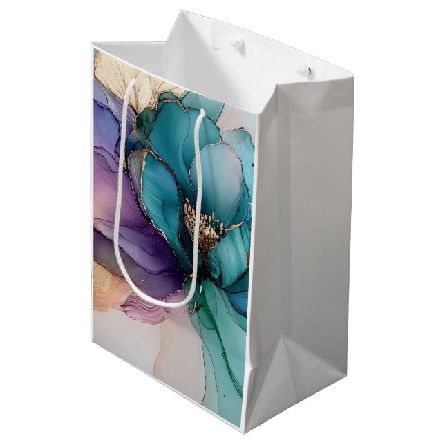 Sac Cadeau Moyen Fleur Or Bleu Aqua Violet (Devant Angle)