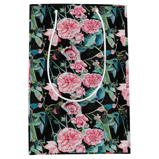 Sac Cadeau Moyen Fleur rose rose Aquarelle Peinture Art Rose (Devant)