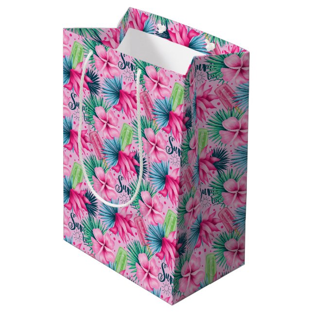 Sac Cadeau Moyen Fleur rose vert bleu Tropical Fête d'anniversaire (Dos Angle)