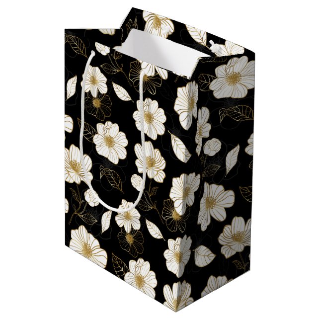 Sac Cadeau Moyen Fleurs blanches et dorées sur fond noir (Dos Angle)