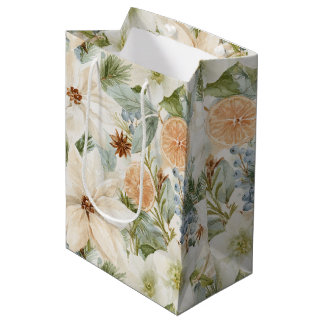 Sac Cadeau Moyen Fleurs blanches Oranges Noël