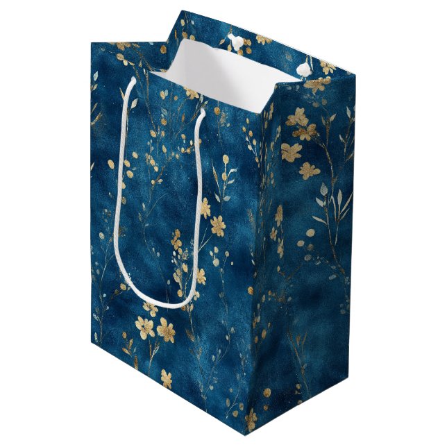 Sac Cadeau Moyen Fleurs Bleu Or Shower de Mariée (Devant Angle)