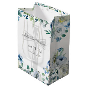 Sac Cadeau Moyen Fleurs bleues baptême chrétien croix personnalisée