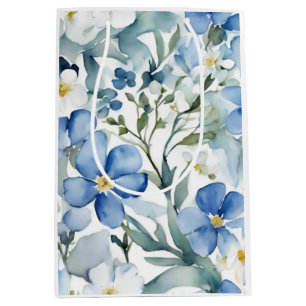 Sac Cadeau Moyen Fleurs Bleues Blancs Aquarelle Chic