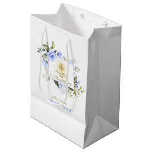 Sac Cadeau Moyen Fleurs bleues de luxe Or Première Communion sainte