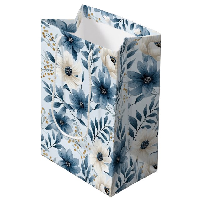 Sac Cadeau Moyen Fleurs bleues et beiges (Devant Angle)
