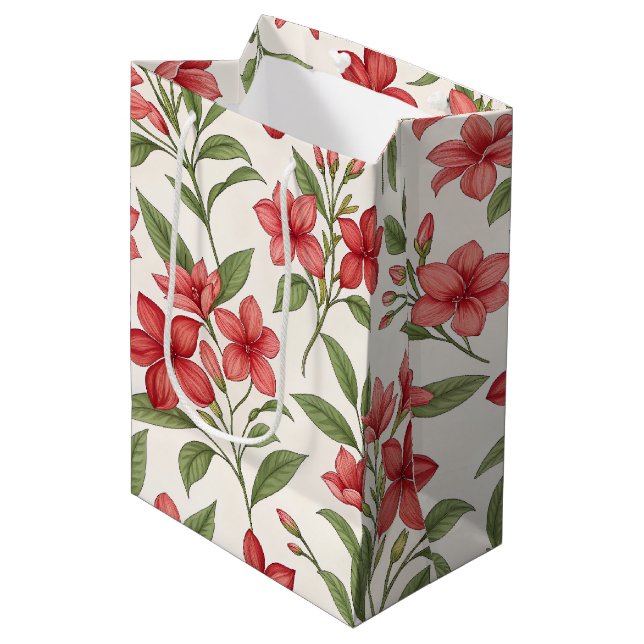Sac Cadeau Moyen Fleurs Botaniques Rouges Élégantes (Devant Angle)