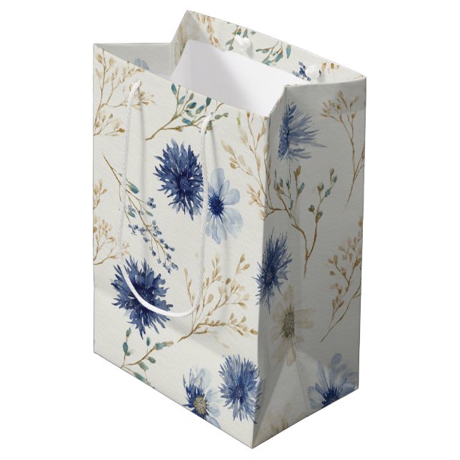 Sac Cadeau Moyen Fleurs Crème Bleu Shower de Mariée (Devant Angle)