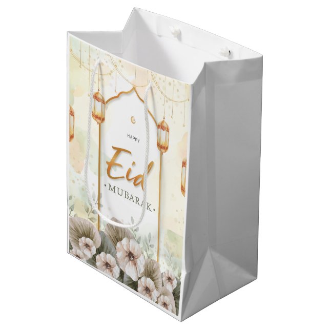 Sac Cadeau Moyen Fleurs d'aquarelle Aïd Moubarak (Devant Angle)