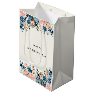 Sac Cadeau Moyen Fleurs d'aquarelle rose et bleu Fête des mères