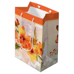 Sac Cadeau Moyen Fleurs d'automne à l'aquarelle orange 