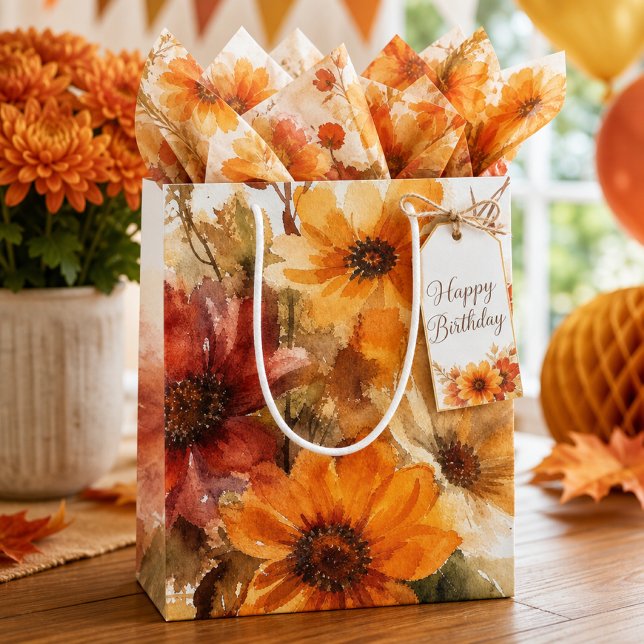 Sac Cadeau Moyen Fleurs d'automne aquarelle  (AI‑created mockup showcasing the floral gift bag’s beauty; illustrative only, not exact to product )