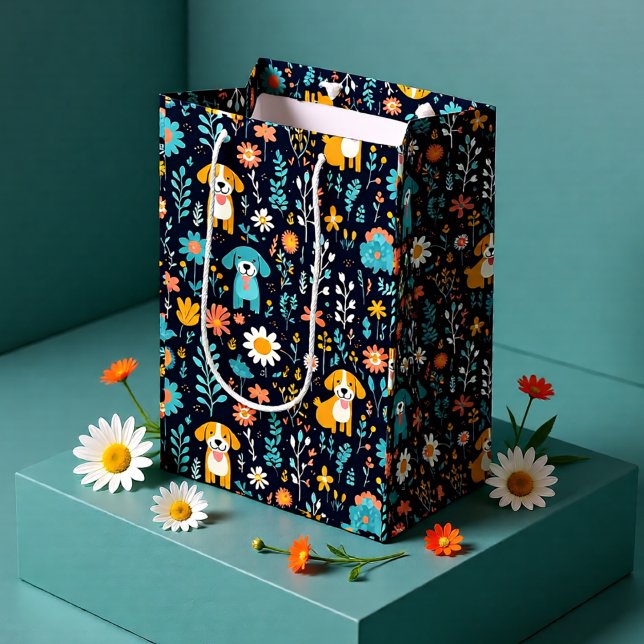 Sac Cadeau Moyen Fleurs de Chiot Bleu Cute (Cute Puppy Floral Pattern Dog Lover Medium Gift Bag)