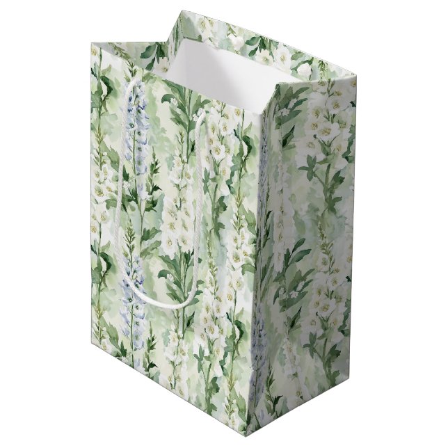 Sac Cadeau Moyen Fleurs de Delphinium Blanches Lavande Shower de Ma (Devant Angle)