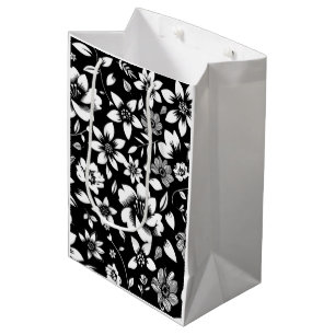 Sac Cadeau Moyen Fleurs de feuilles florales modernes noir blanc qu