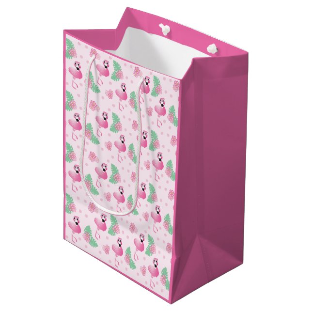 Sac Cadeau Moyen Fleurs de feuilles tropicales mignonnes Flamant ro (Devant Angle)