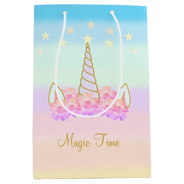 Sac Cadeau Moyen Fleurs de licorne et étoiles (Devant)