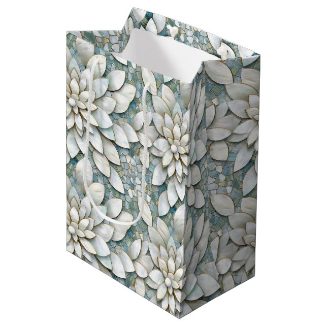 Sac Cadeau Moyen Fleurs de Lotus Bleu Blanc Mariage (Devant Angle)