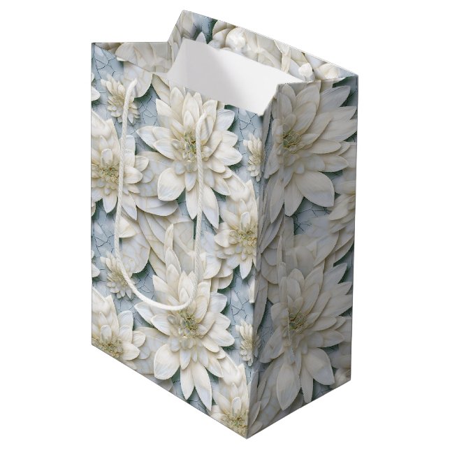 Sac Cadeau Moyen Fleurs de Lotus Bleues Blances (Devant Angle)