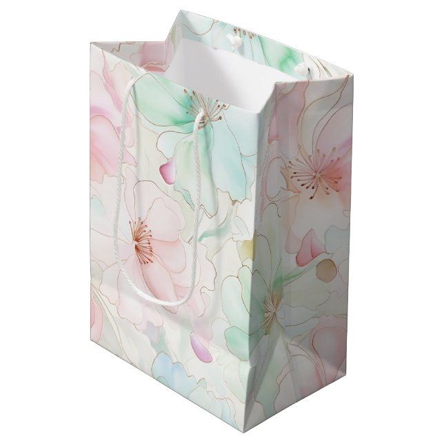 Sac Cadeau Moyen Fleurs de Mint Rose Foncé Anniversaire (Devant Angle)