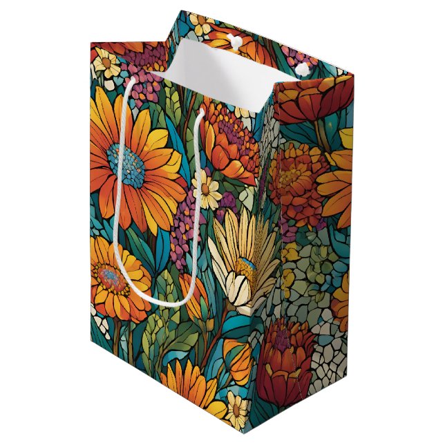 Sac Cadeau Moyen Fleurs de mosaïque couleur brillantes (Devant Angle)