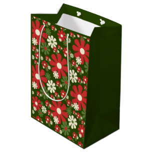 Sac Cadeau Moyen Fleurs de Noël rétro 60s les années 70 motif flora