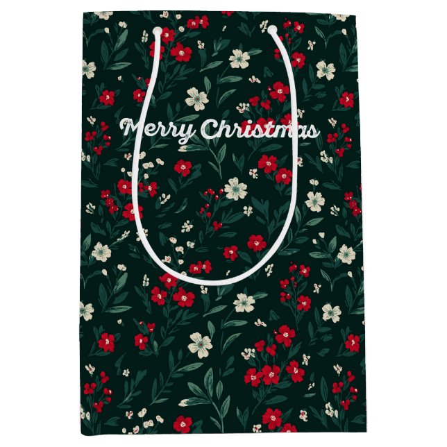Sac Cadeau Moyen Fleurs de Noël vertes rouges et blanches (Devant)