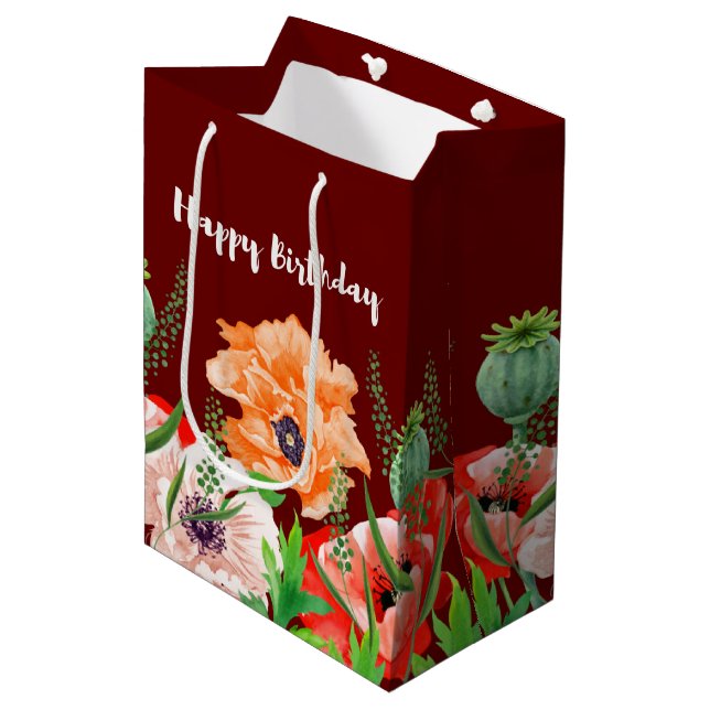 Sac Cadeau Moyen Fleurs de pavot Joyeux anniversaire (Devant Angle)