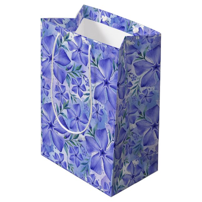 Sac Cadeau Moyen Fleurs de Pervenche Bleu Violet Fleurs de Vinca (Dos Angle)