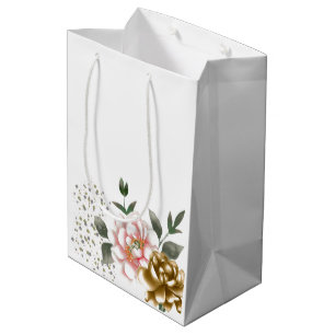 Sac Cadeau Moyen Fleurs de pivoine roses et bronze et points de con