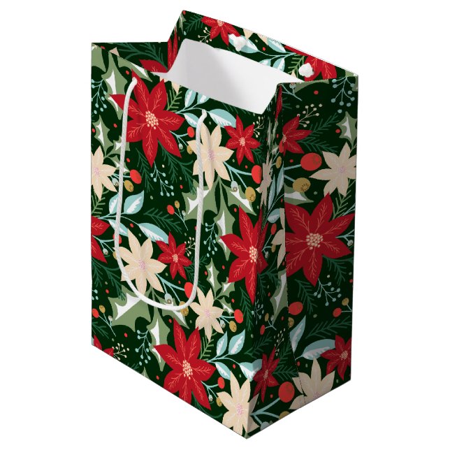 Sac Cadeau Moyen Fleurs de Poinsettia et Noël Feuille (Devant Angle)