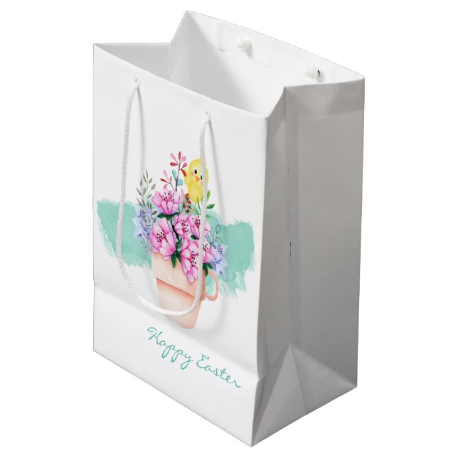Sac Cadeau Moyen Fleurs de printemps avec poussins de Pâques (Devant Angle)
