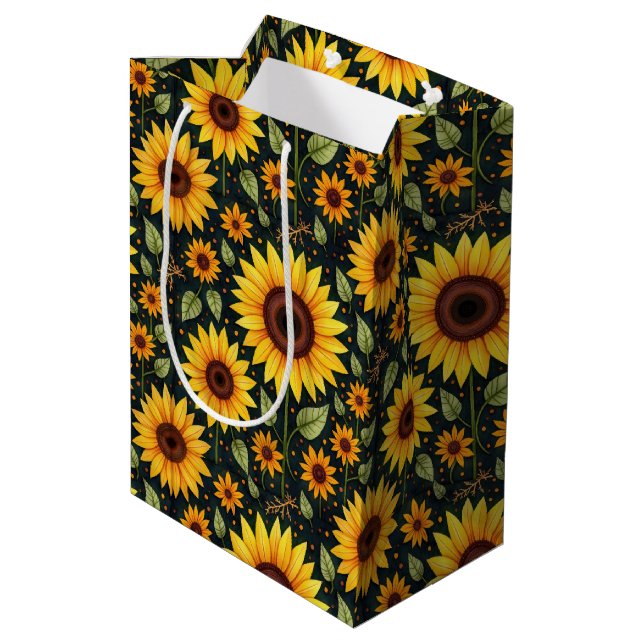 Sac Cadeau Moyen Fleurs de soleil jaunes sur le noir (Dos Angle)