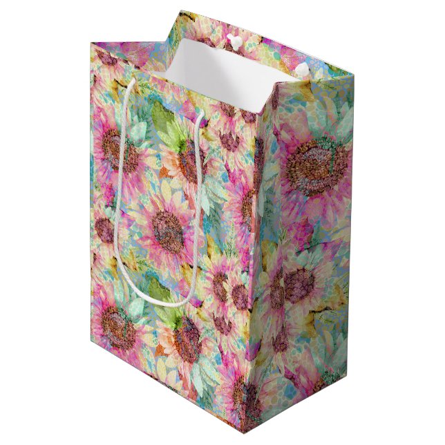 Sac Cadeau Moyen Fleurs de soleil romantiques aquarelles (Devant Angle)
