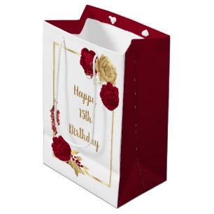 Sac Cadeau Moyen fleurs élégantes bordeaux et or