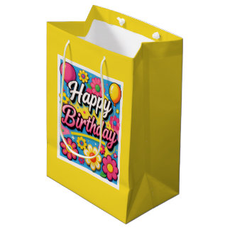 Sac Cadeau Moyen Fleurs et ballons jaunes de joyeux anniversaire lu