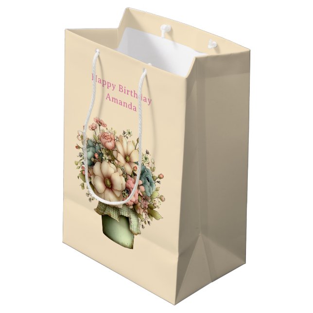 Sac Cadeau Moyen Fleurs Fantaisistes dans un Pot de Fleurs Mignon A (Dos Angle)