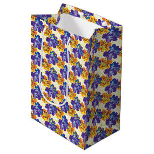 Sac Cadeau Moyen Fleurs orange violet exotiques abstraites vintage.