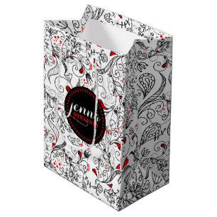 Sac Cadeau Moyen Fleurs Rétro Noir Et Blanc Monographiées
