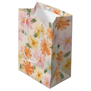 Sac Cadeau Moyen Fleurs Rose Jaune Bleu Anniversaire Pêche