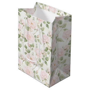 Sac Cadeau Moyen Fleurs Roses Blanches de Mariage en Rose Pâle