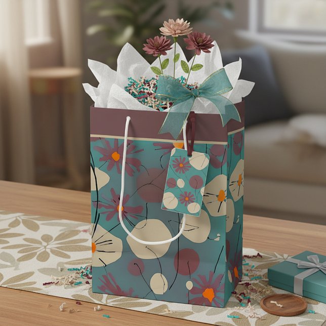 Sac cadeau moyen fleurs roses et blanches rétro (Créateur téléchargé)