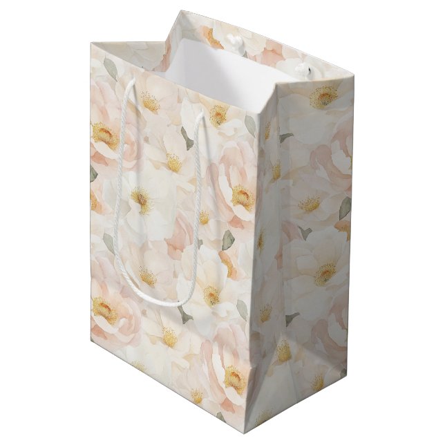 Sac Cadeau Moyen Fleurs Roses Fardées Mariage (Devant Angle)