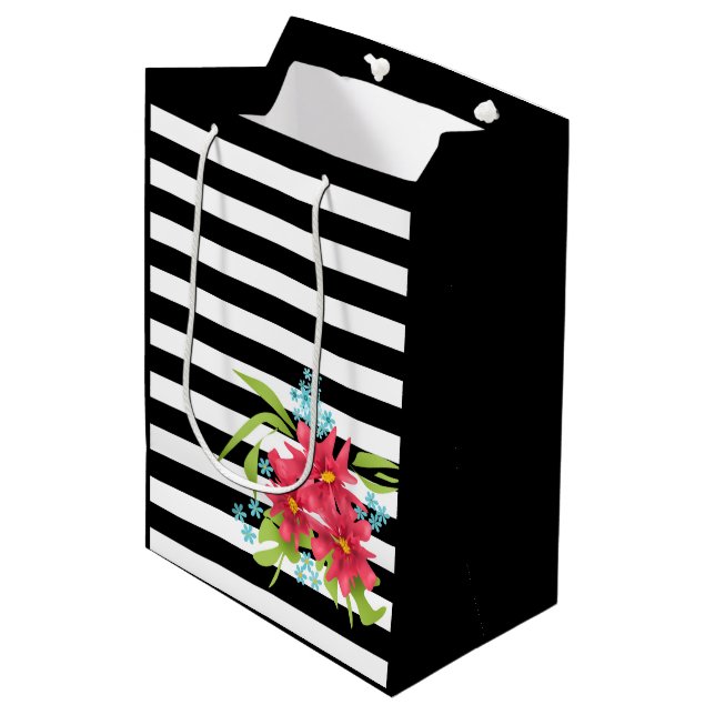 Sac Cadeau Moyen Fleurs roses sans joint floral noir blanc rayé l (Devant Angle)