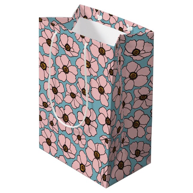 Sac Cadeau Moyen Fleurs roses sur fond bleu (Dos Angle)